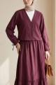 V Yaka Kolları Bağcıklı Top Düğmeli Etekli Viskon Takım  -Bordo