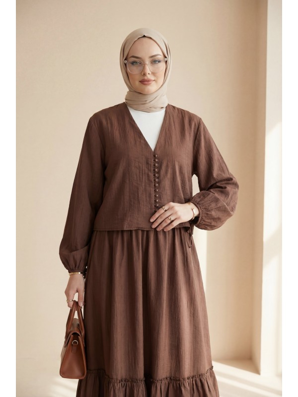 V Yaka Kolları Bağcıklı Top Düğmeli Etekli Viskon Takım  -Kahve