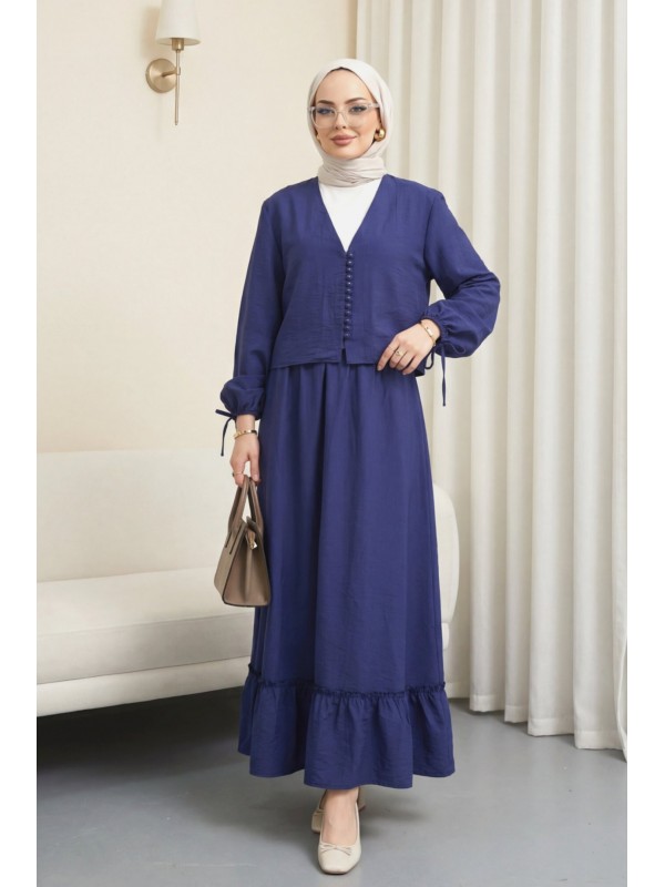 V Yaka Kolları Bağcıklı Top Düğmeli Etekli Viskon Takım  -Laci