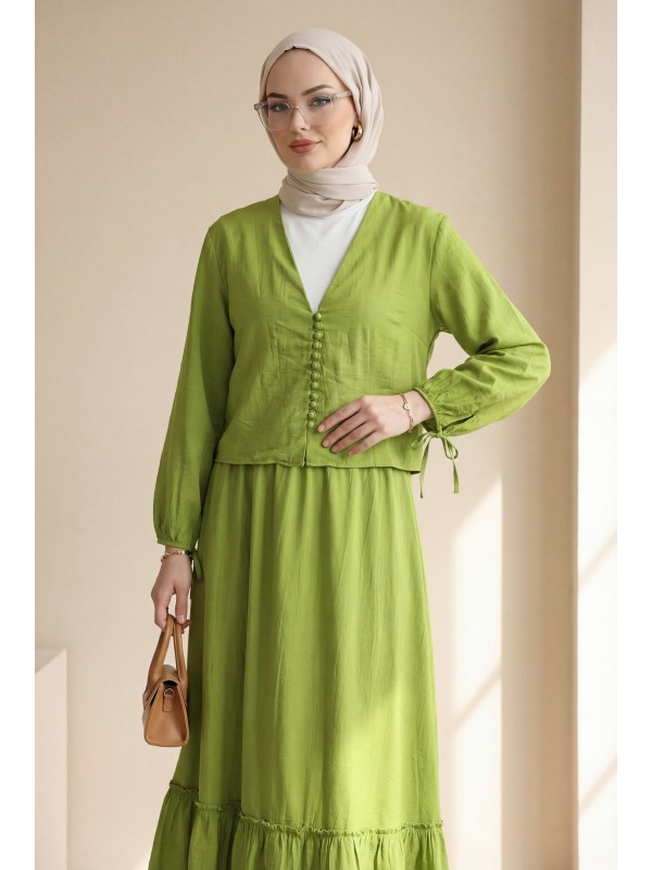 V Yaka Kolları Bağcıklı Top Düğmeli Etekli Viskon Takım  -Yağ Yeşili