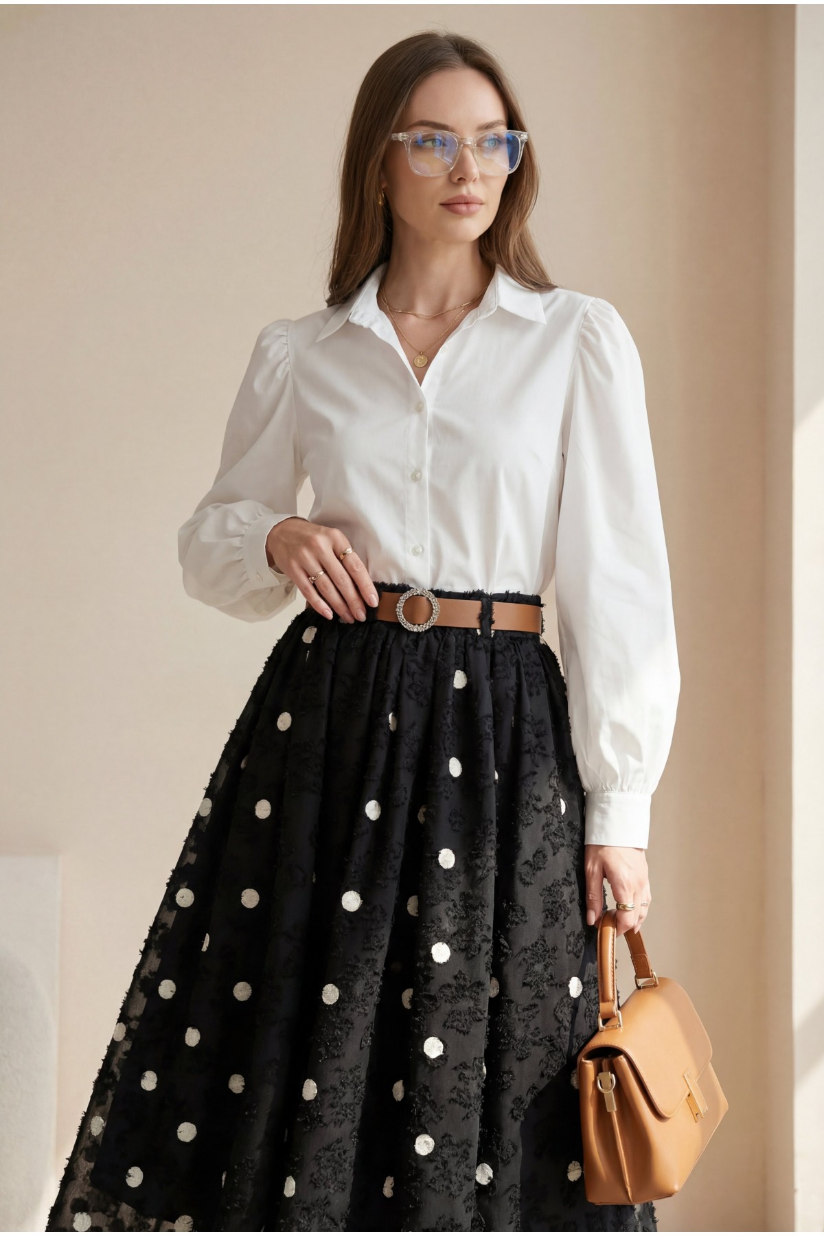 Kalın Kemerli Dokulu Kabartma Desenli Astarlı Şifon Etek -Siyah