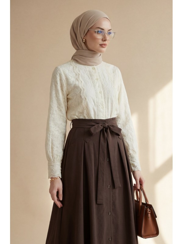 Brode İşlemeli Vintage Gömlek Bluz -Bej