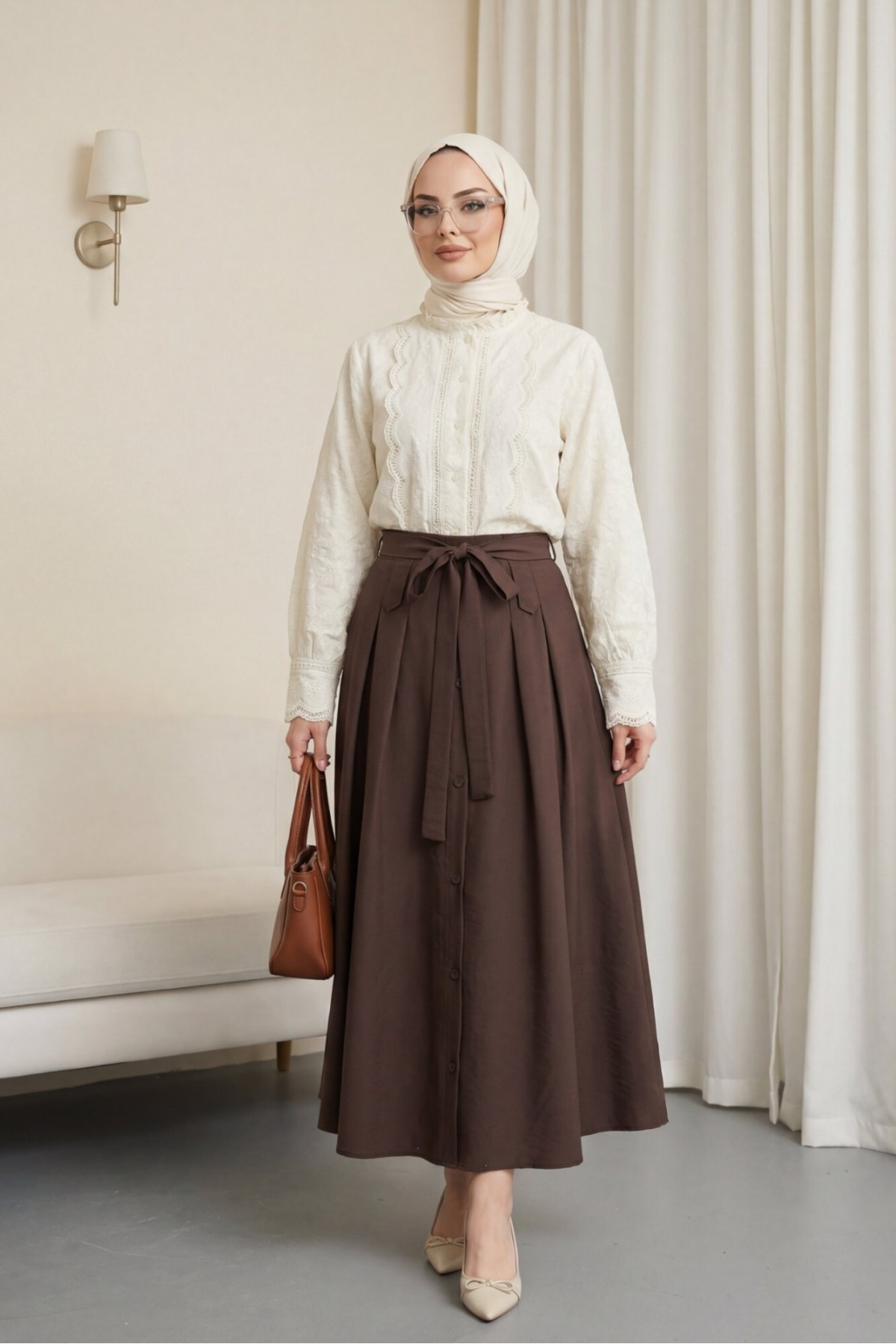 Brode İşlemeli Vintage Gömlek Bluz -Bej