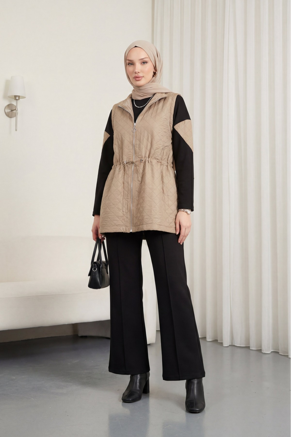 Kapitone Yelekli Çimalı Pantolonlu Üçlü Penye Takım  -Vizon