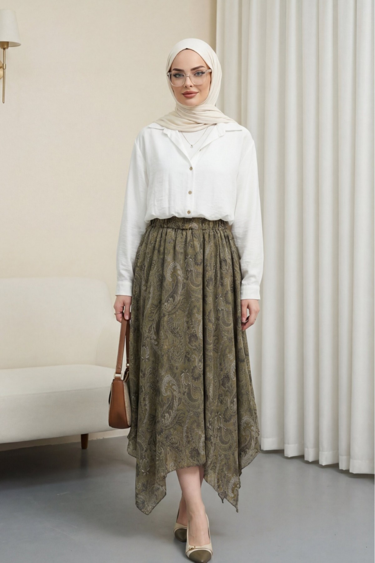 Etnik Desen Beli Lastikli Astarlı Ucu Asimetrik Kesim Şifon Etek -Haki