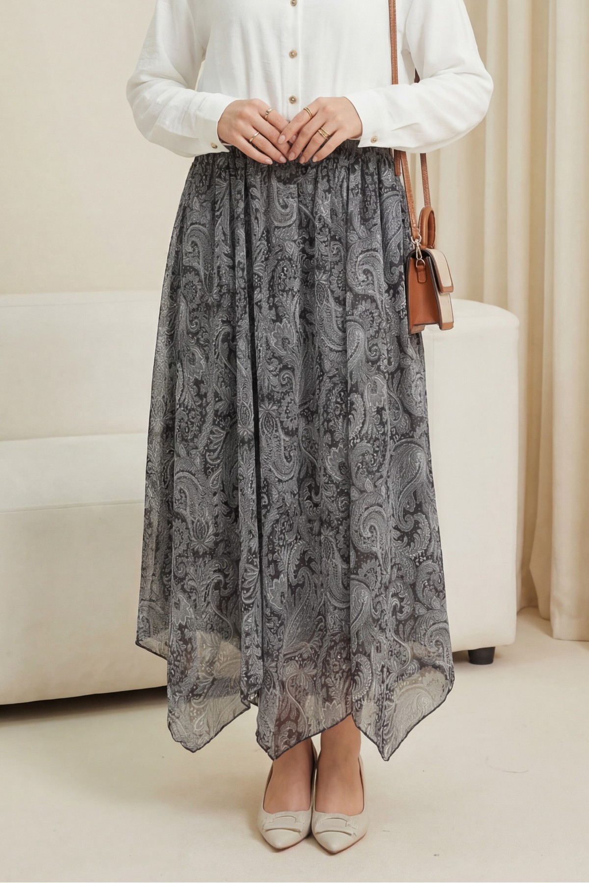 Etnik Desen Beli Lastikli Astarlı Ucu Asimetrik Kesim Şifon Etek -Siyah