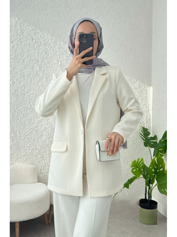 Cepli Tek Düğmeli Likralı Ceket  -Krem