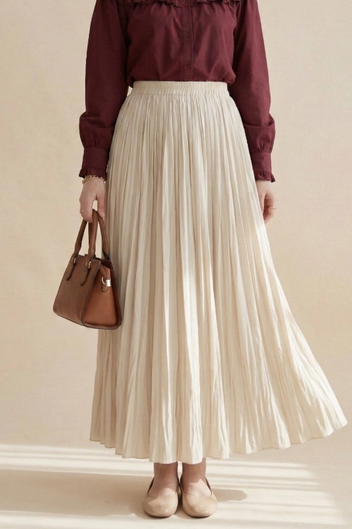 Beli Lastikli Kraş Etek -Bej