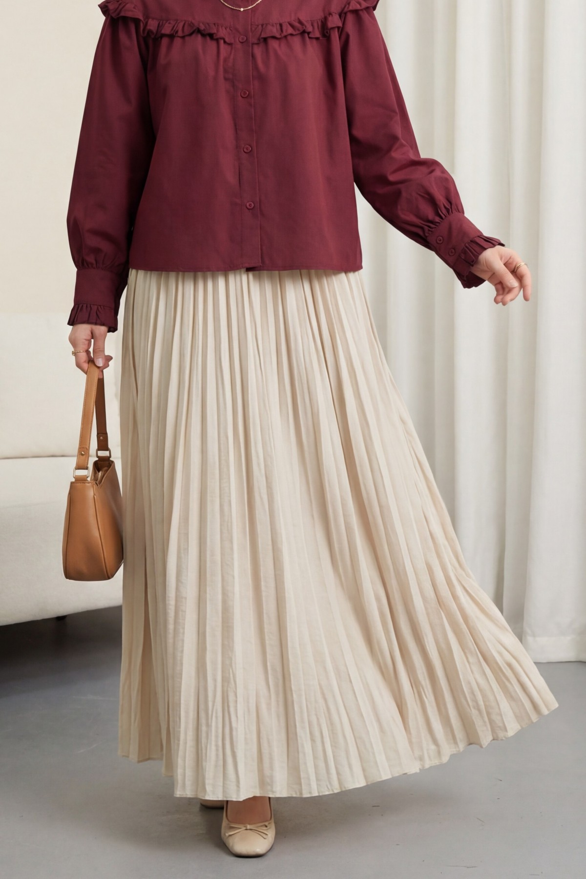 Beli Lastikli Kraş Etek -Bej