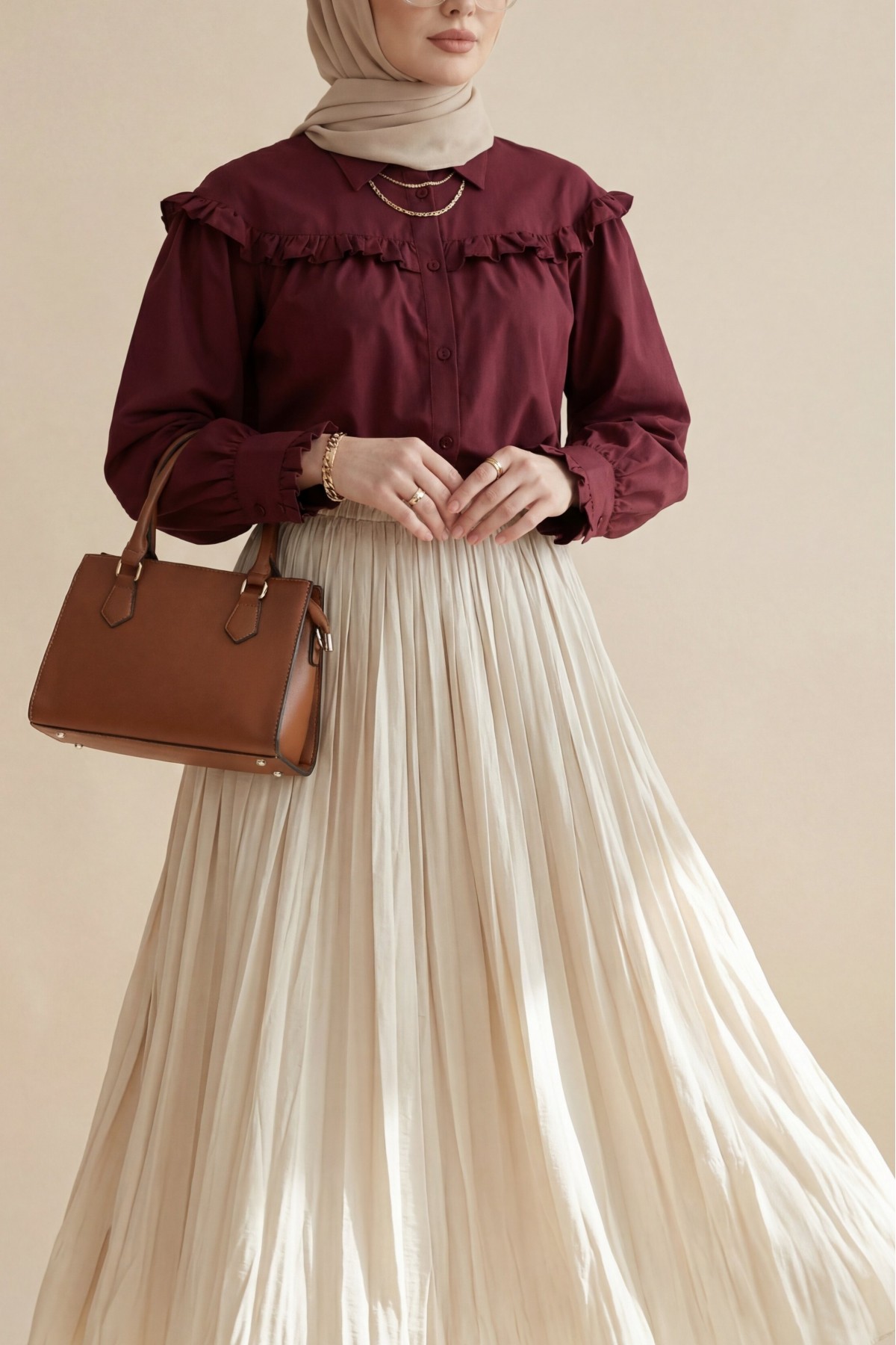 Beli Lastikli Kraş Etek -Bej