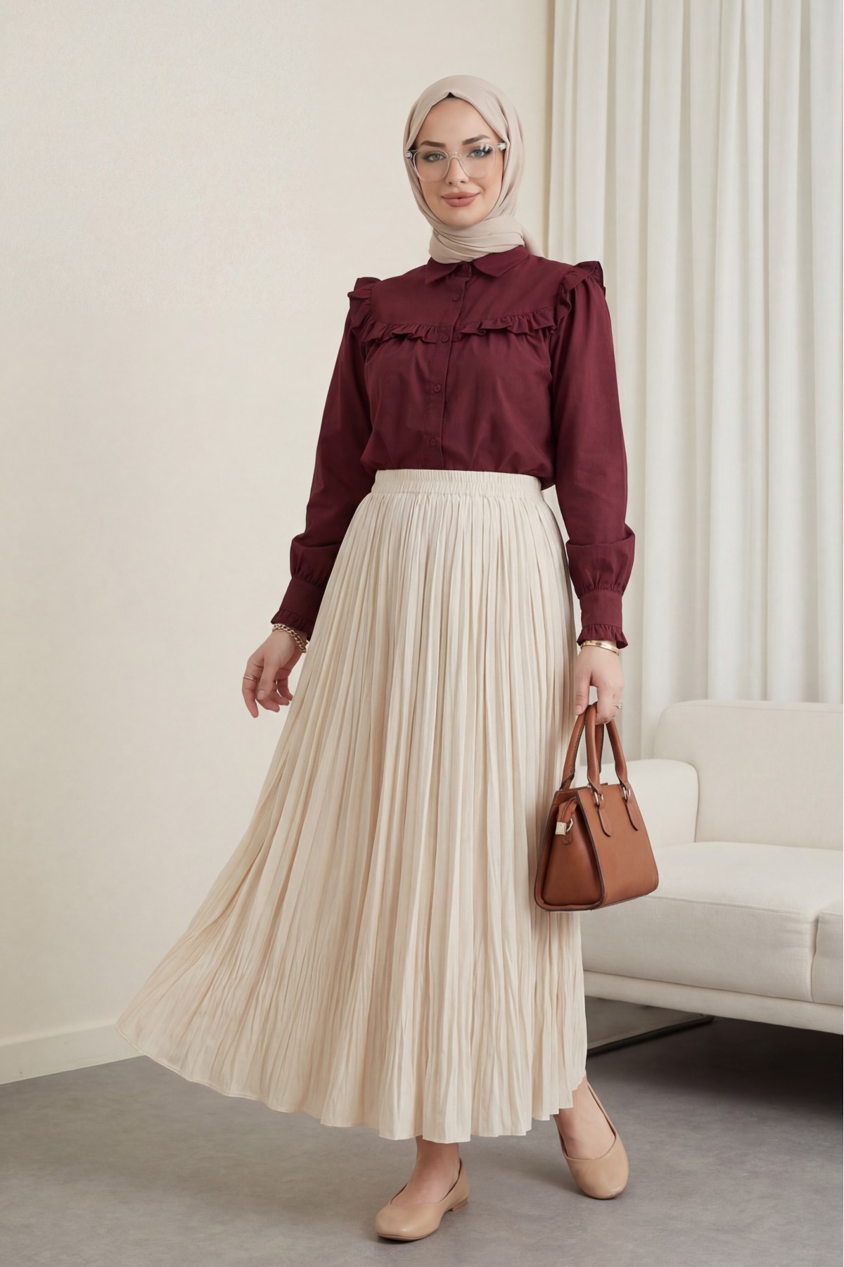 Beli Lastikli Kraş Etek -Bej