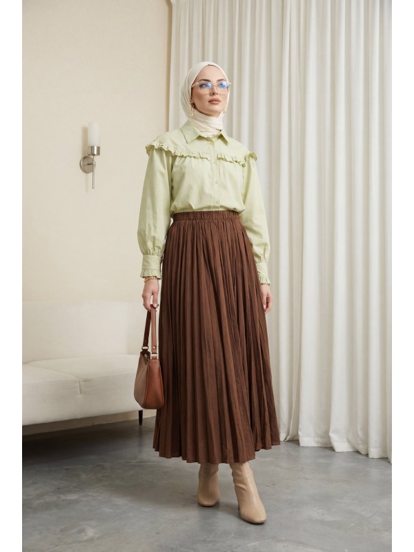 Beli Lastikli Kraş Etek -Kahve