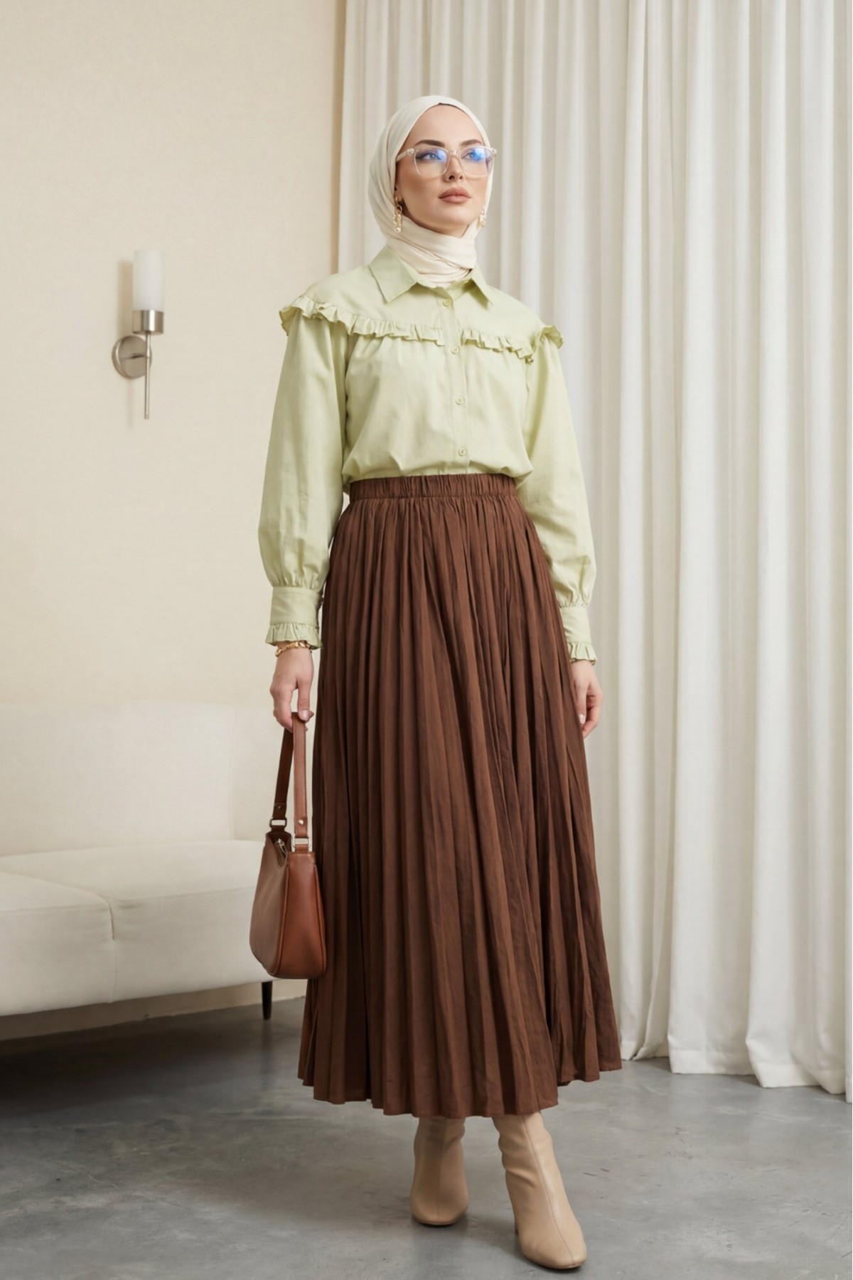 Beli Lastikli Kraş Etek -Kahve