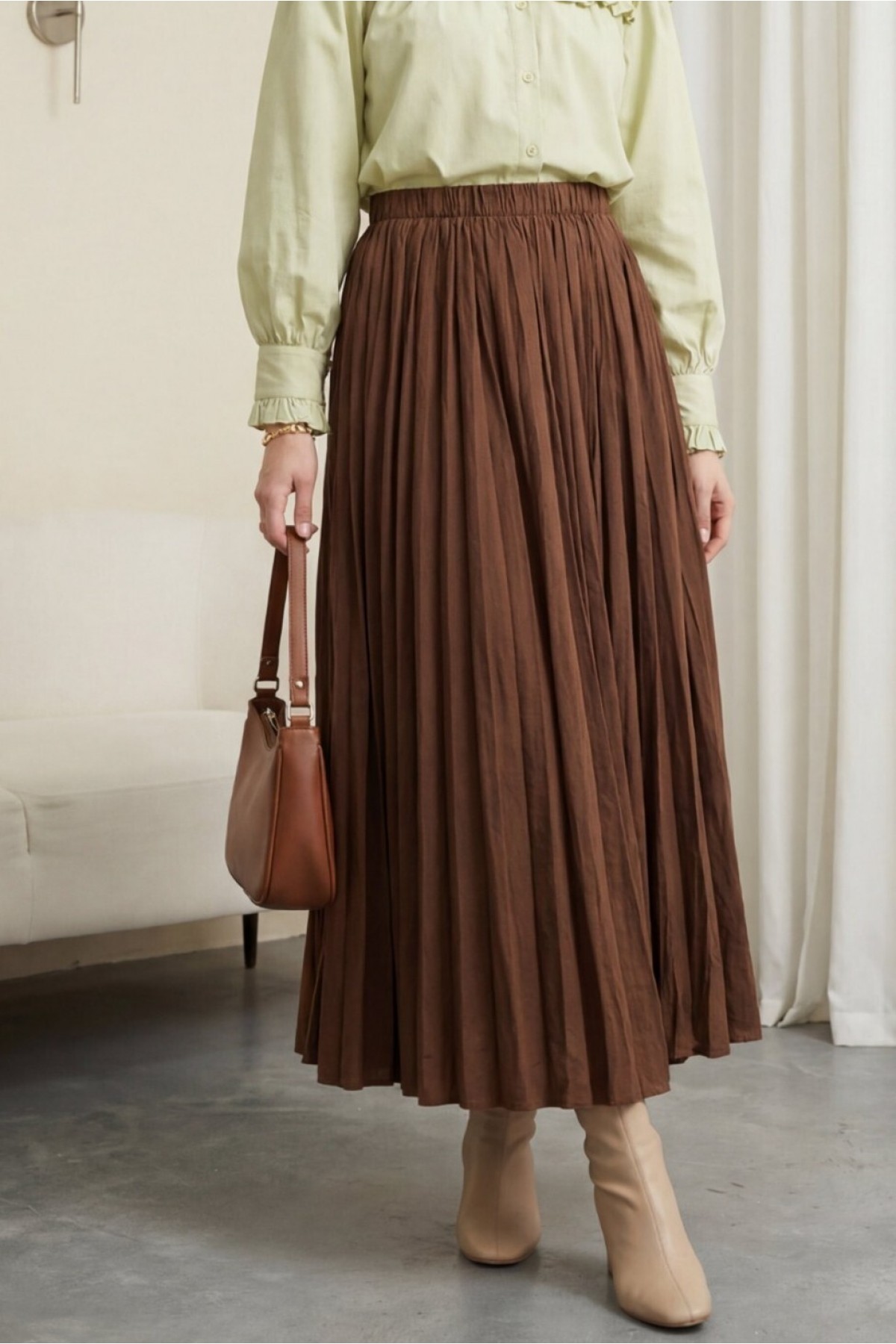 Beli Lastikli Kraş Etek -Kahve