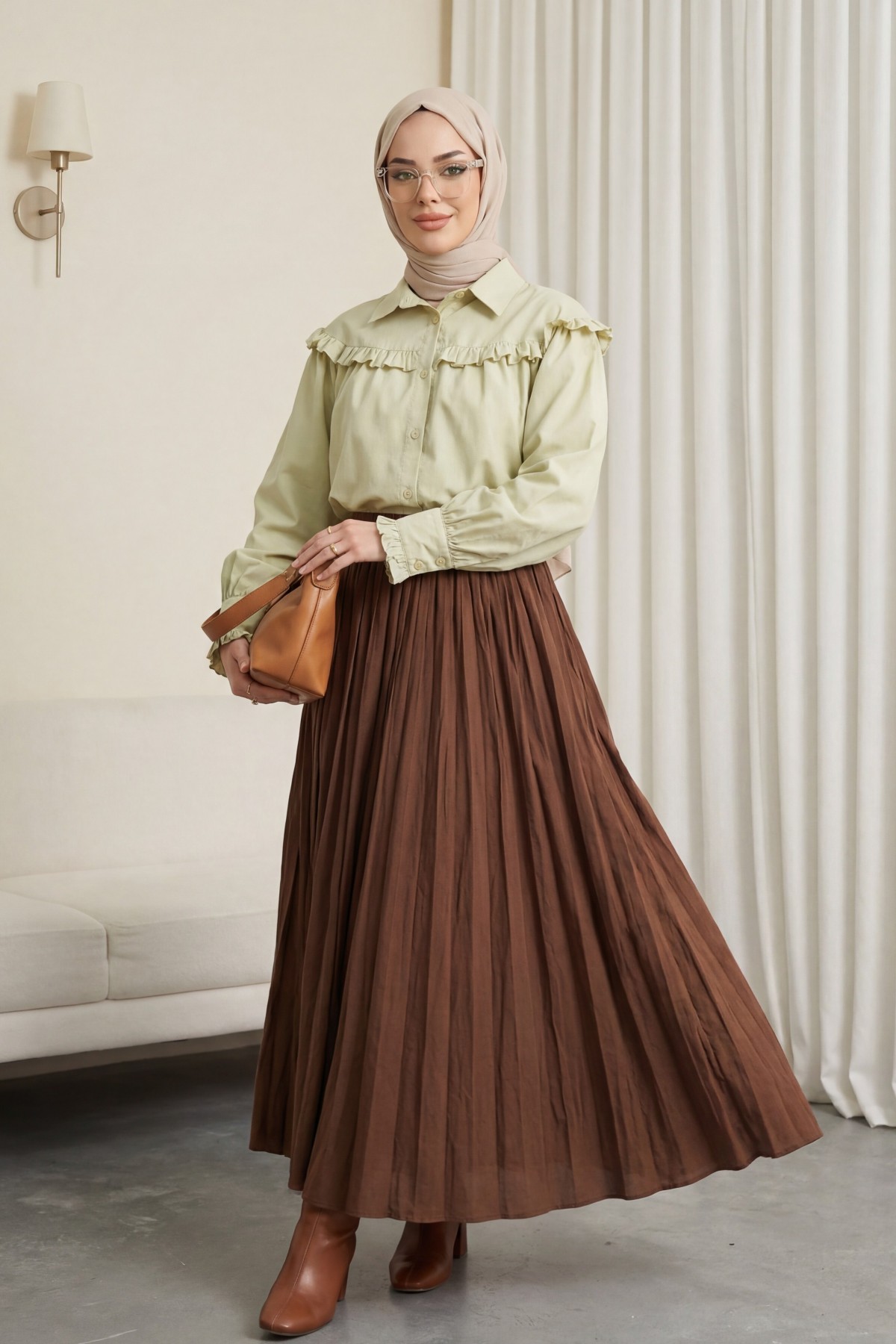 Beli Lastikli Kraş Etek -Kahve