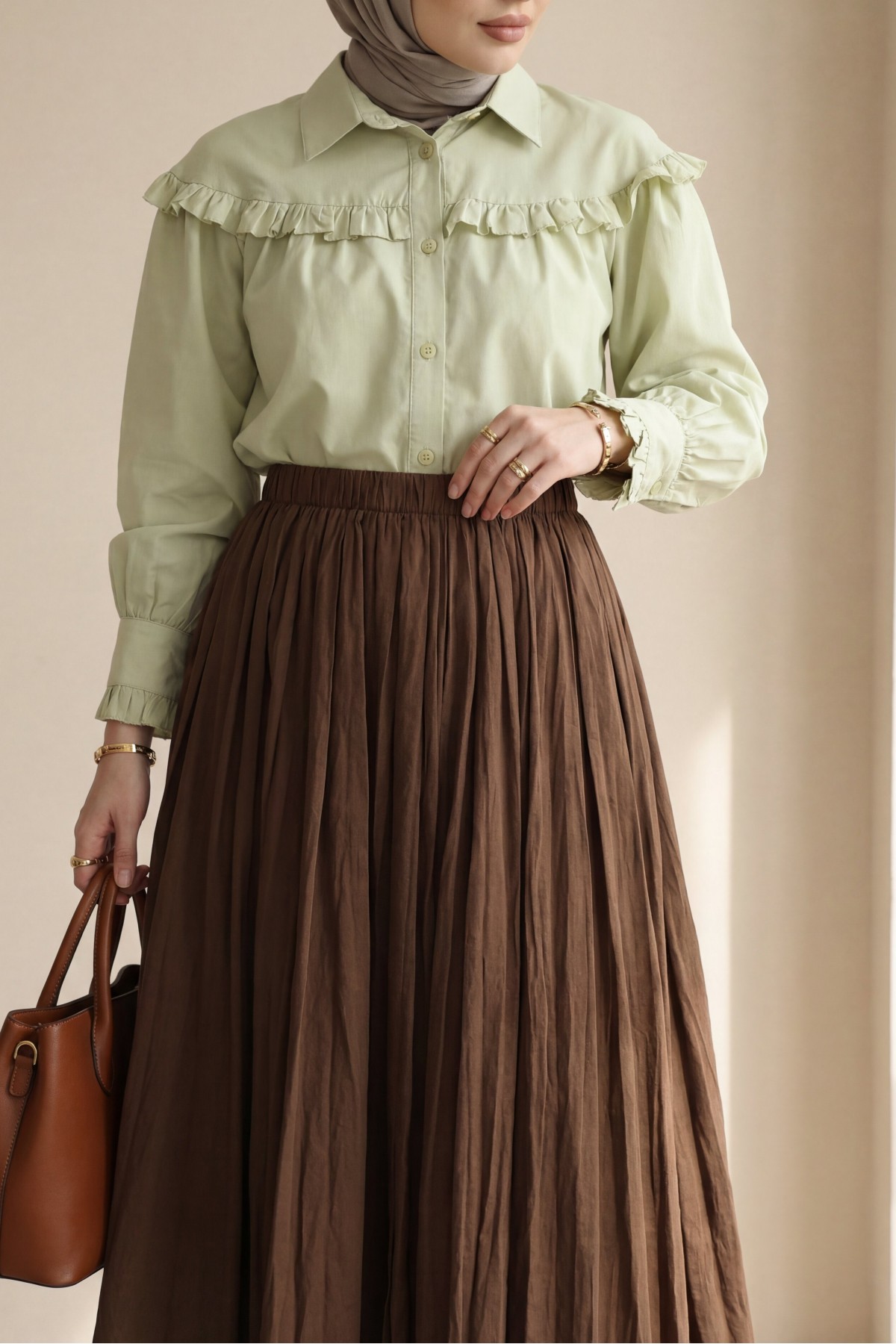 Beli Lastikli Kraş Etek -Kahve