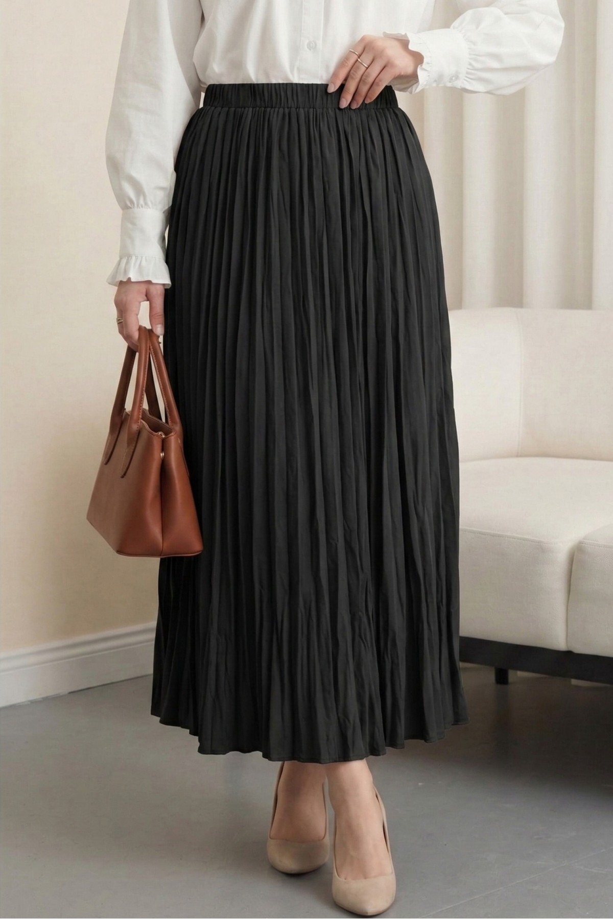 Beli Lastikli Kraş Etek -Siyah