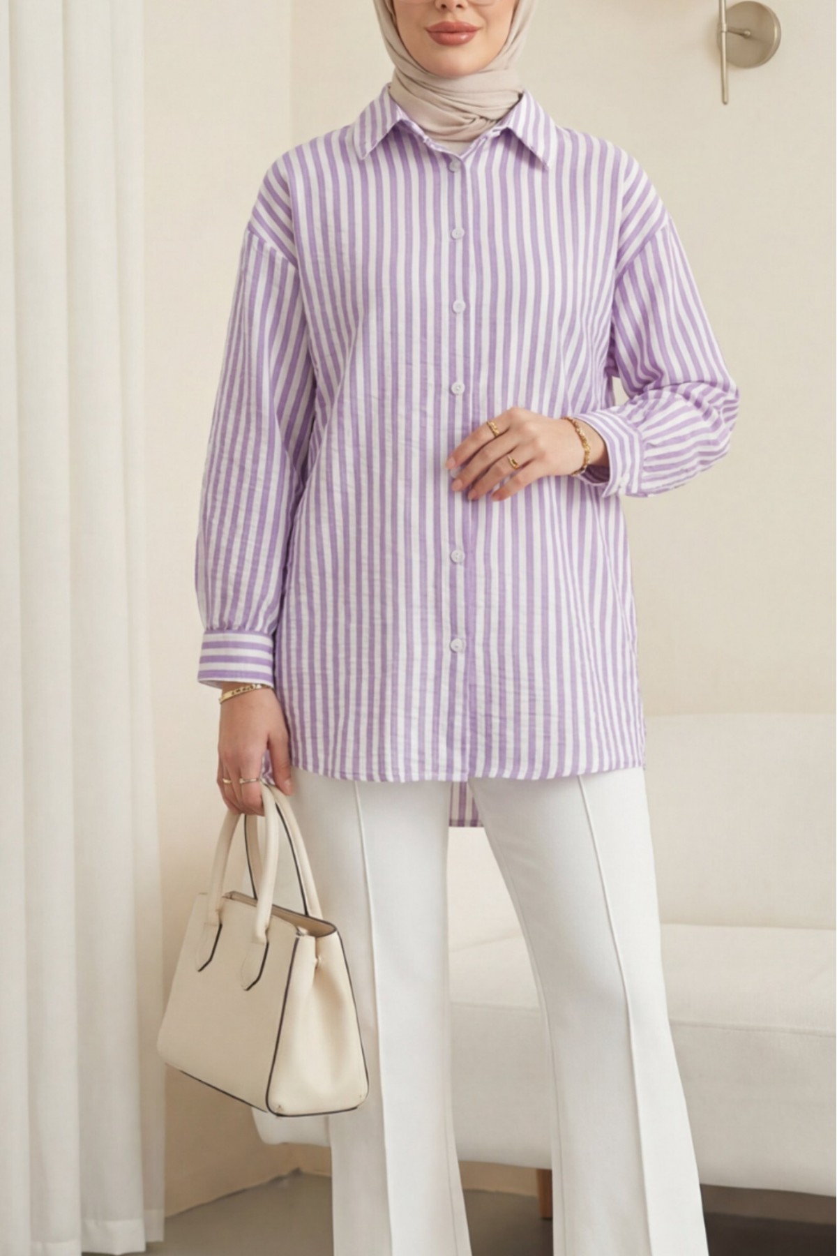 Boydan Düğmeli Çizgili Keten Gömlek -Lila