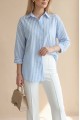 Boydan Düğmeli Çizgili Keten Gömlek -Mavi