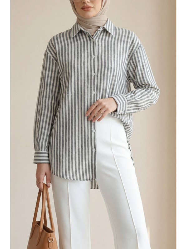 Boydan Düğmeli Çizgili Keten Gömlek -Siyah