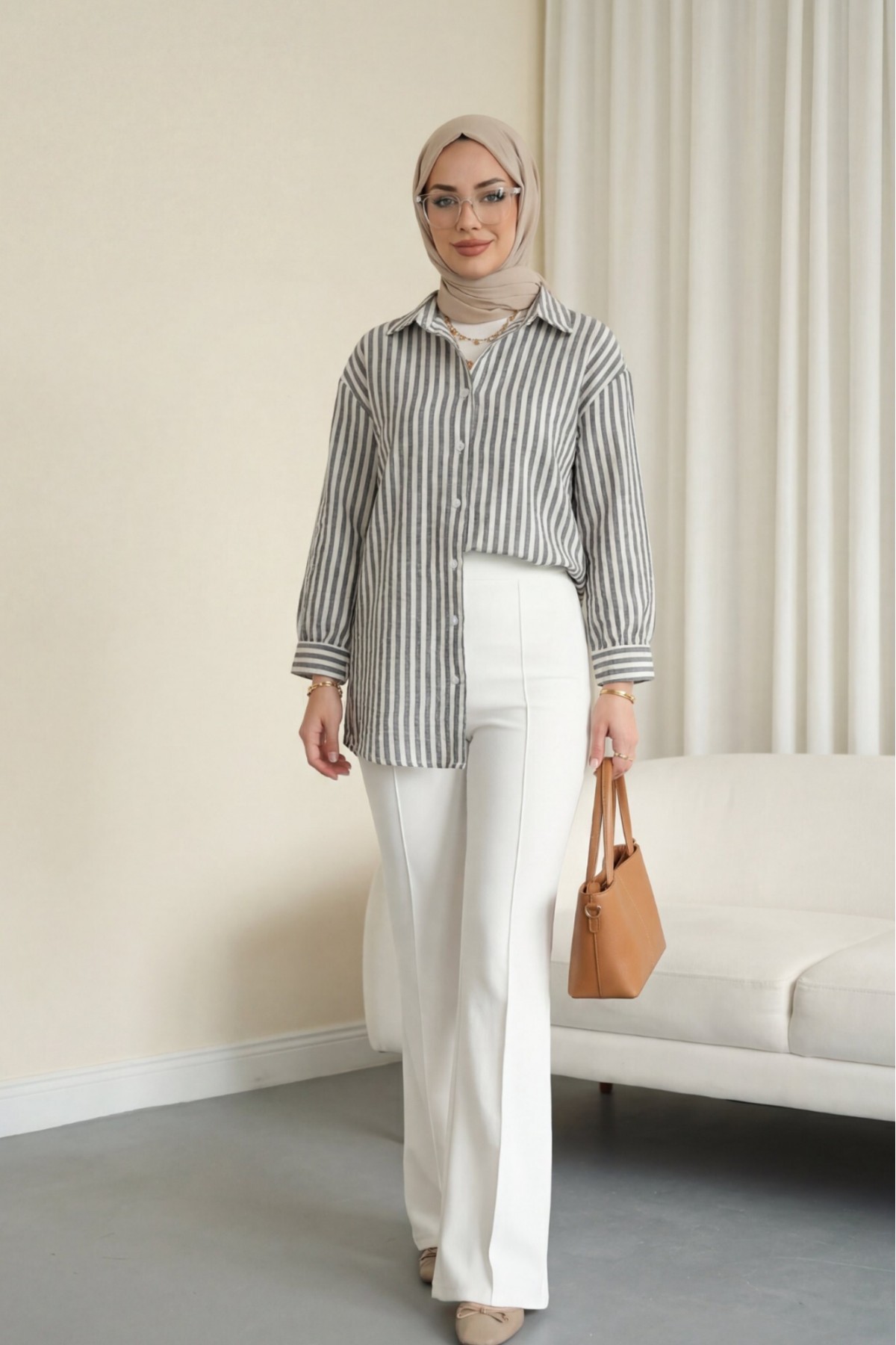 Boydan Düğmeli Çizgili Keten Gömlek -Siyah