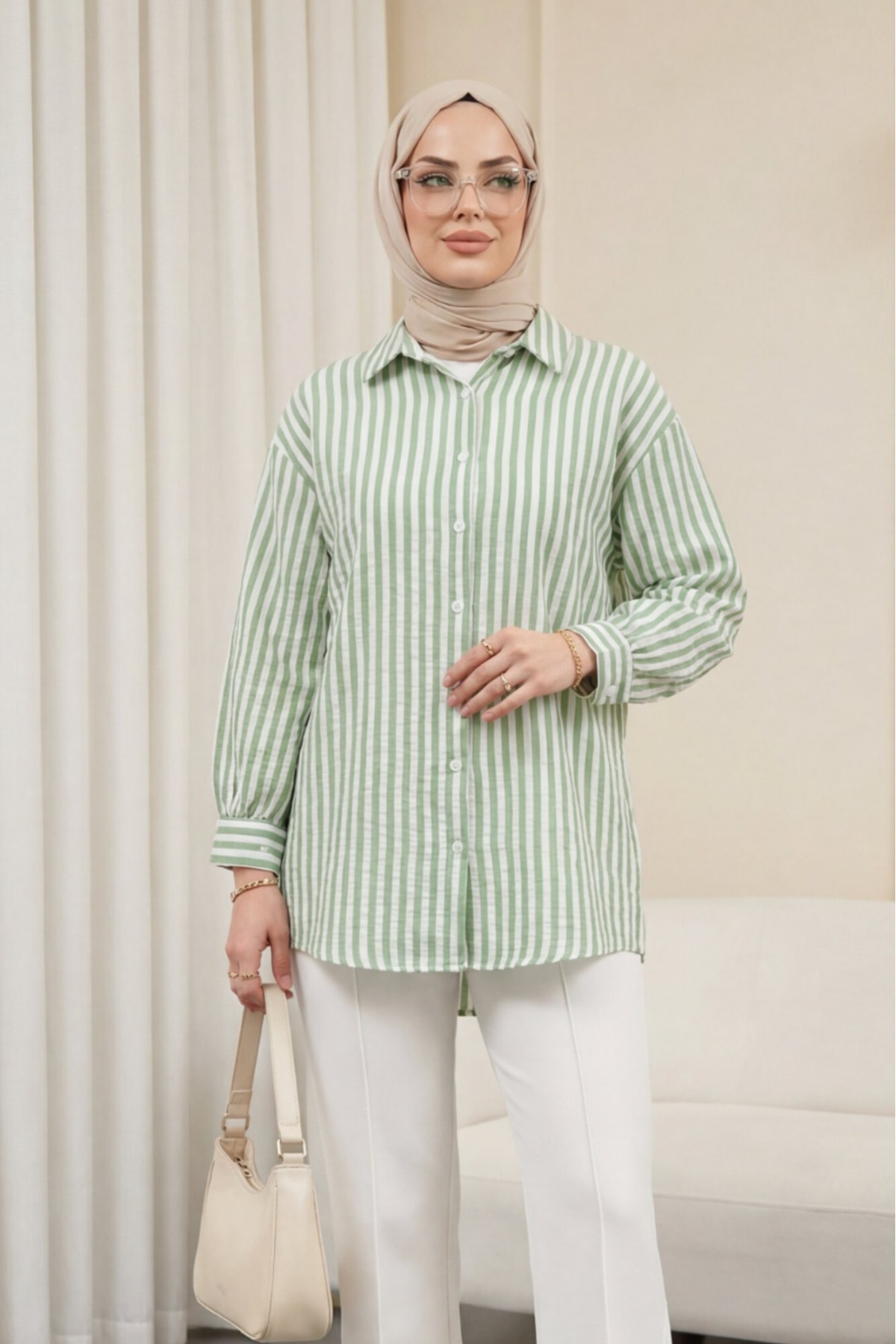 Boydan Düğmeli Çizgili Keten Gömlek -Yeşil
