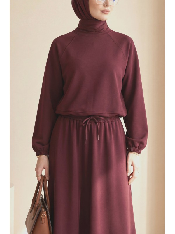 Yuvarlak Yaka Yarasa Kol Beli Lastikli Etekli Oyşo Takım -Bordo