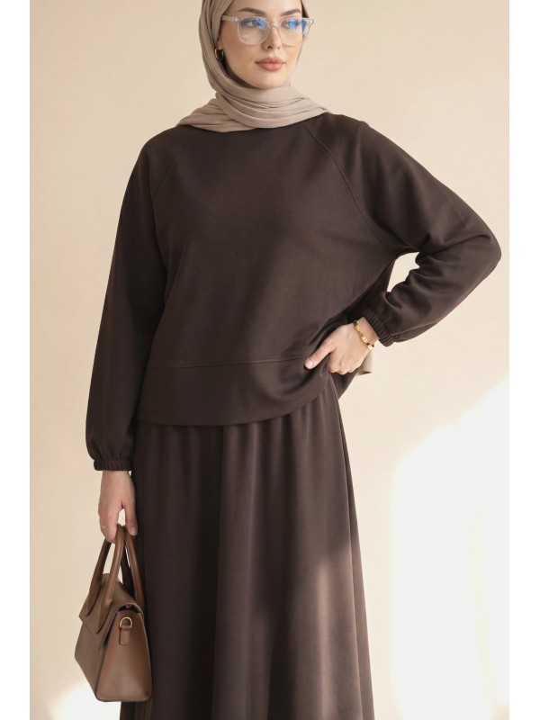 Yuvarlak Yaka Yarasa Kol Beli Lastikli Etekli Oyşo Takım -K. Kahve