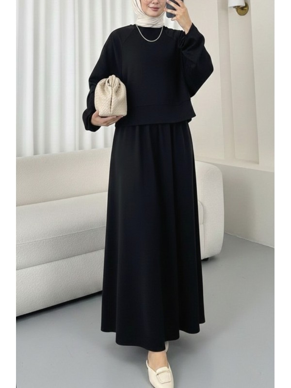 Yuvarlak Yaka Yarasa Kol Beli Lastikli Etekli Oyşo Takım -Siyah