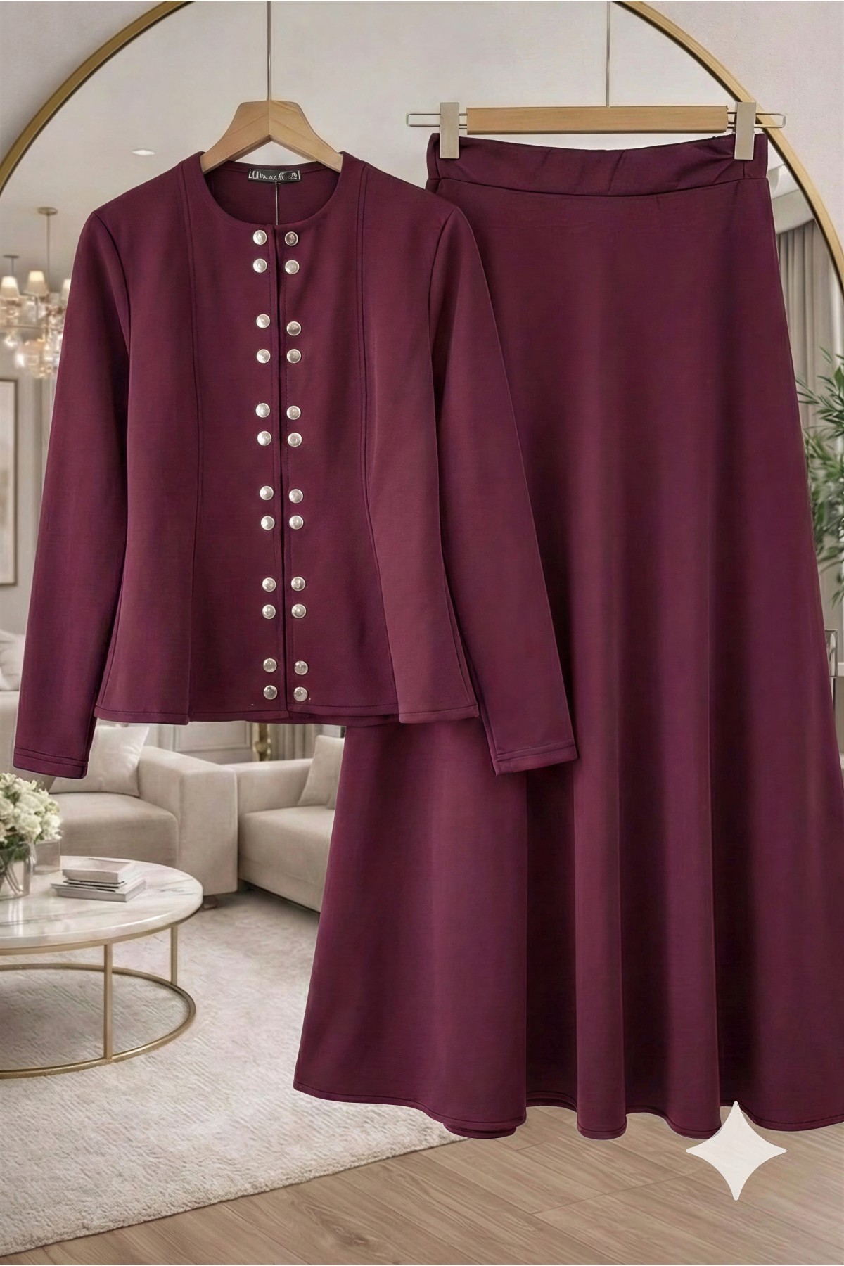 Önü Çift Çıtçıtlı Beli Volanlı Etekli Scuba Takım -Bordo