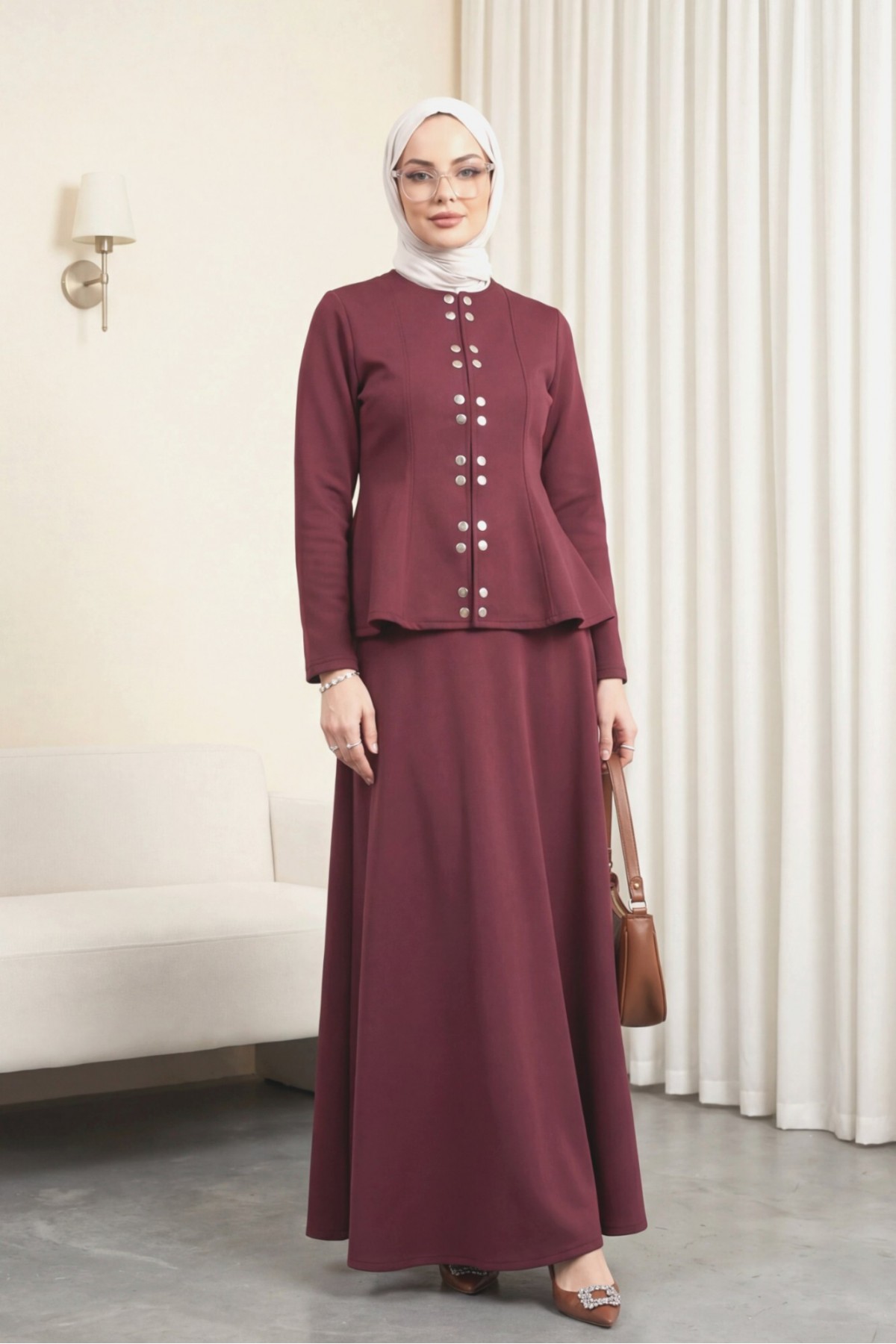 Önü Çift Çıtçıtlı Beli Volanlı Etekli Scuba Takım -Bordo