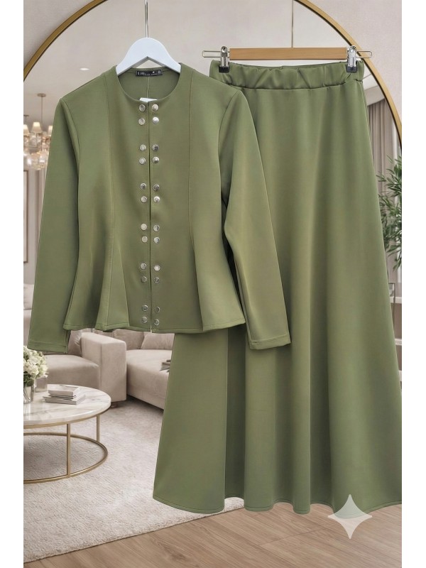 Önü Çift Çıtçıtlı Beli Volanlı Etekli Scuba Takım -Haki