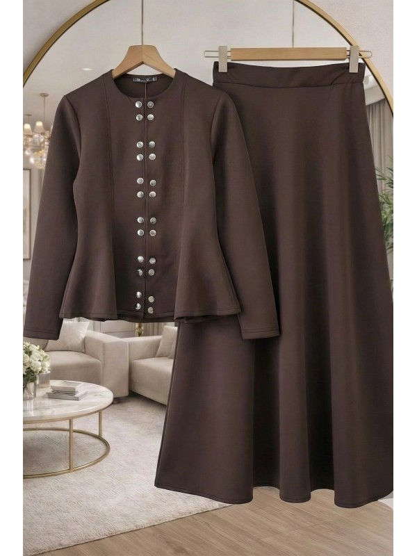 Önü Çift Çıtçıtlı Beli Volanlı Etekli Scuba Takım -K. Kahve