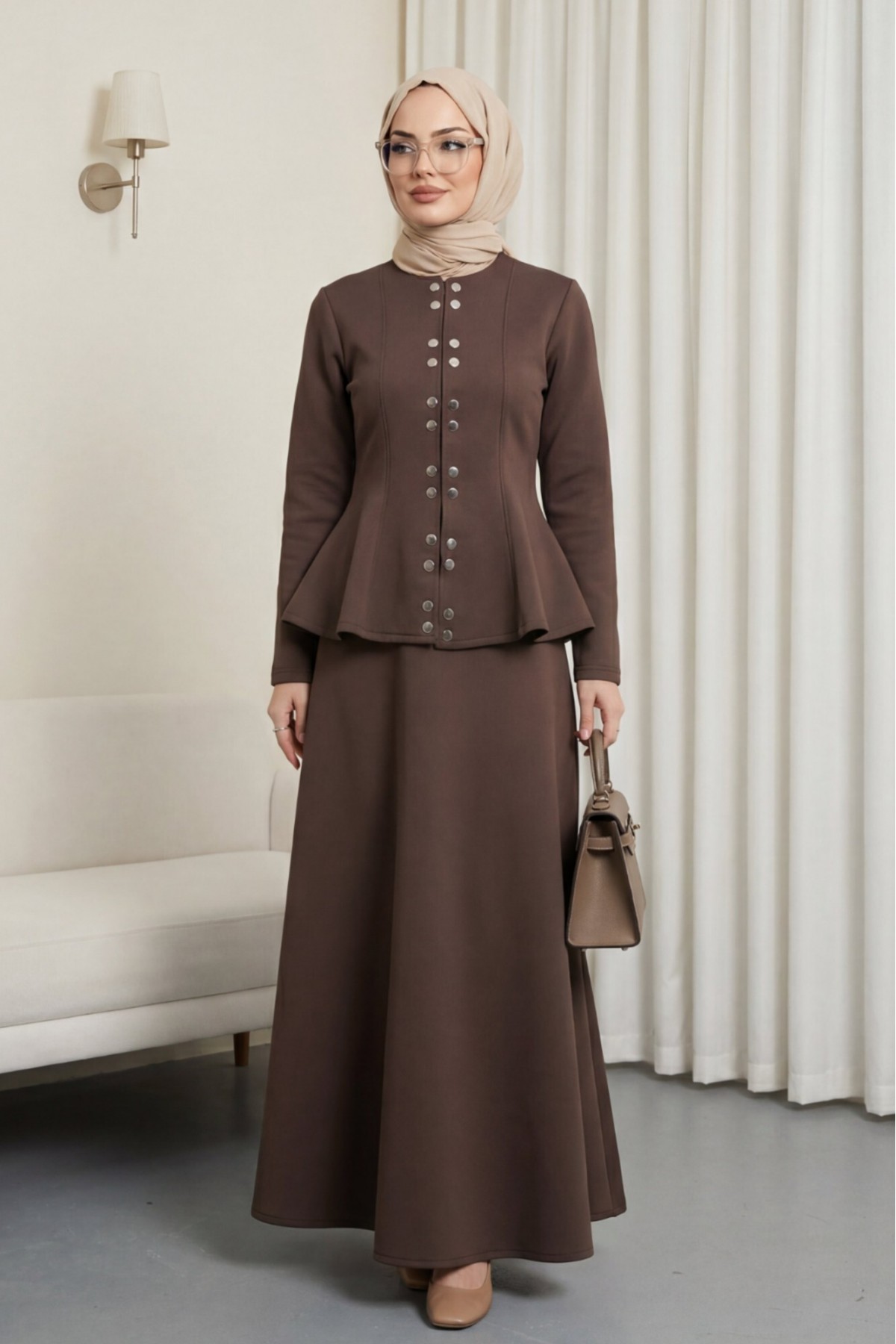 Önü Çift Çıtçıtlı Beli Volanlı Etekli Scuba Takım -K. Kahve