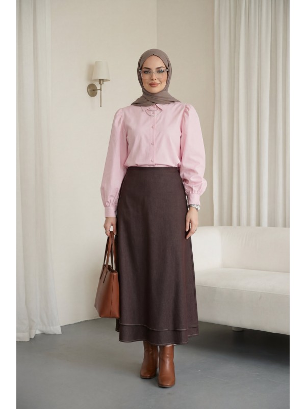 Önü Çift Kat Yan Bağcıklı Fermuarlı Kot Etek -Kahve