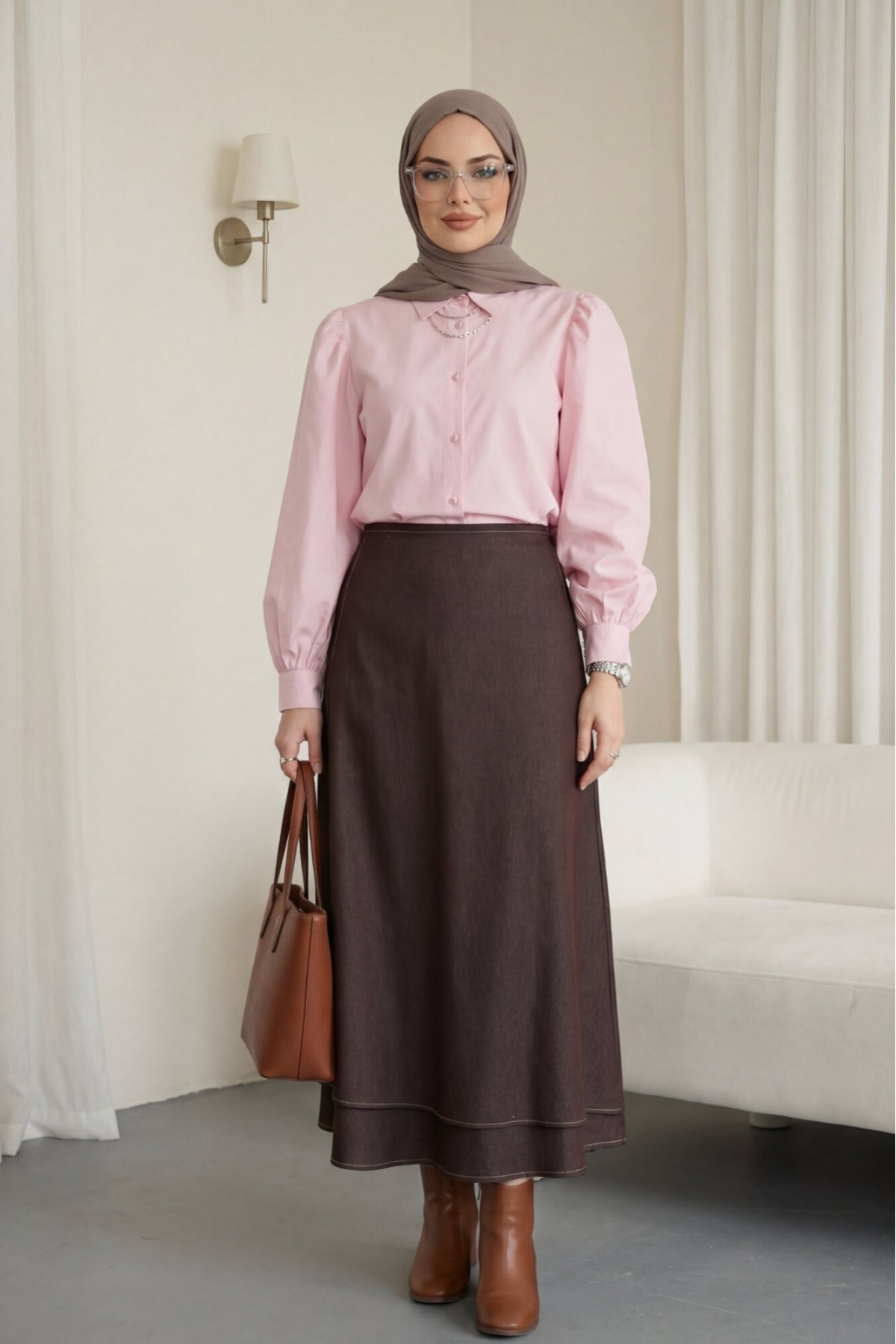 Önü Çift Kat Yan Bağcıklı Fermuarlı Kot Etek -Kahve