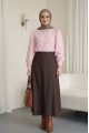 Önü Çift Kat Yan Bağcıklı Fermuarlı Kot Etek -Kahve