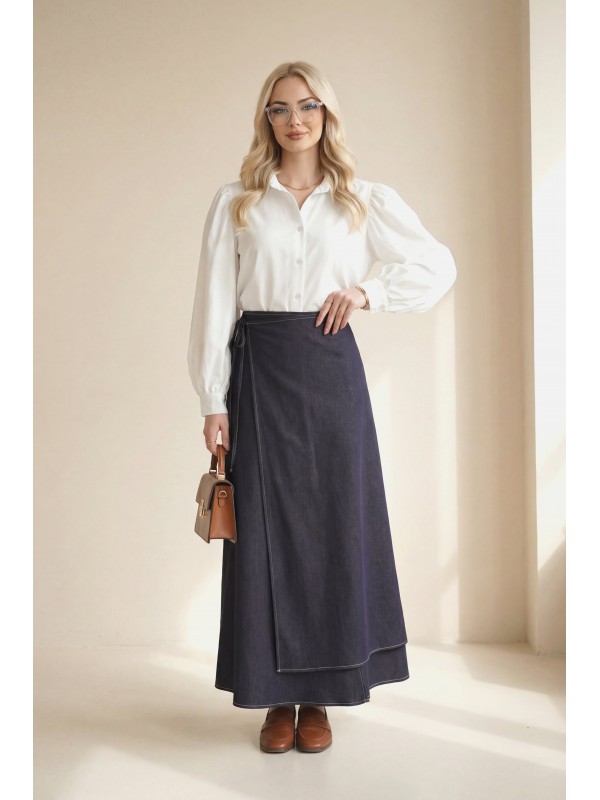 Önü Çift Kat Yan Bağcıklı Fermuarlı Kot Etek -Koyu Mor