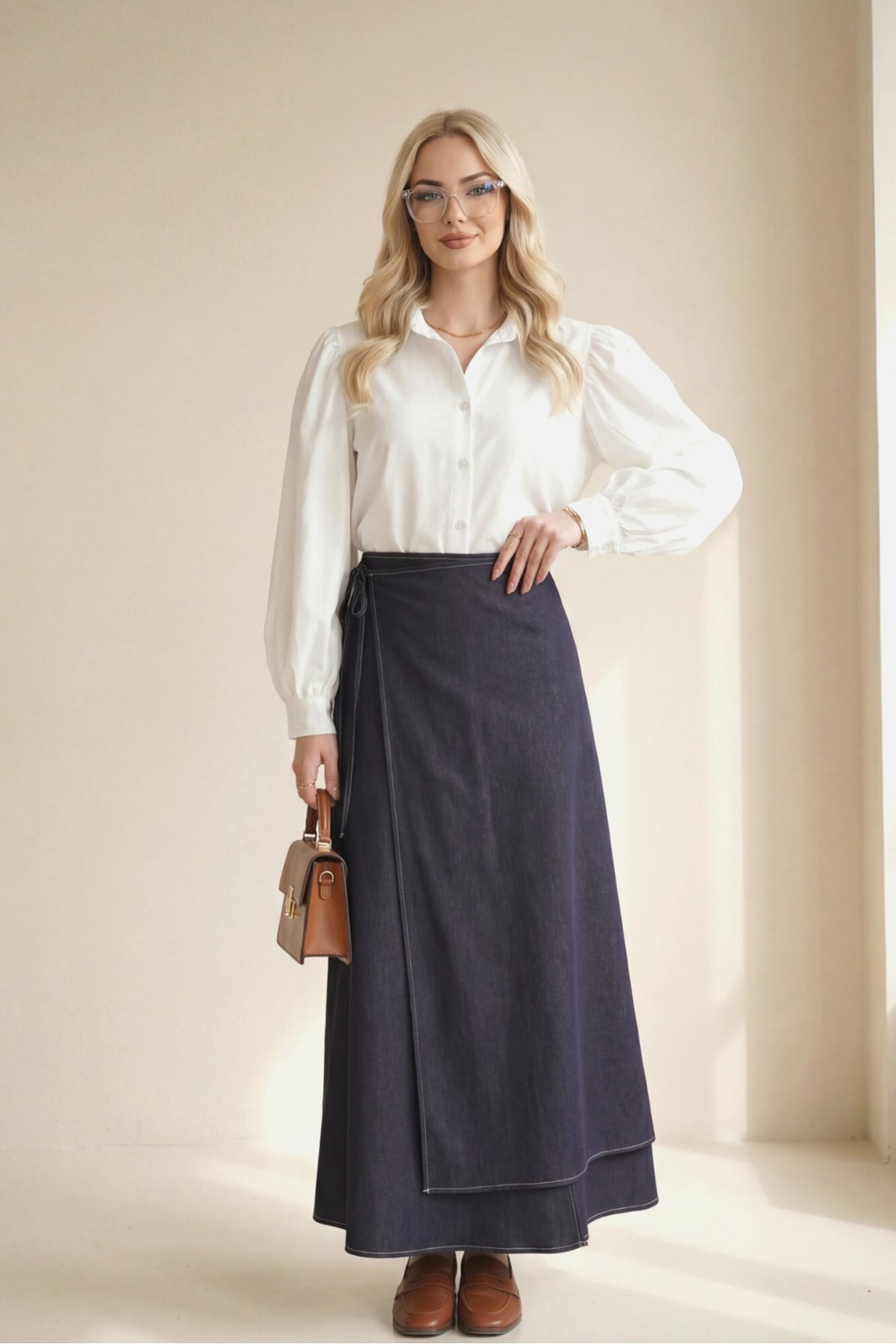 Önü Çift Kat Yan Bağcıklı Fermuarlı Kot Etek -Koyu Mor