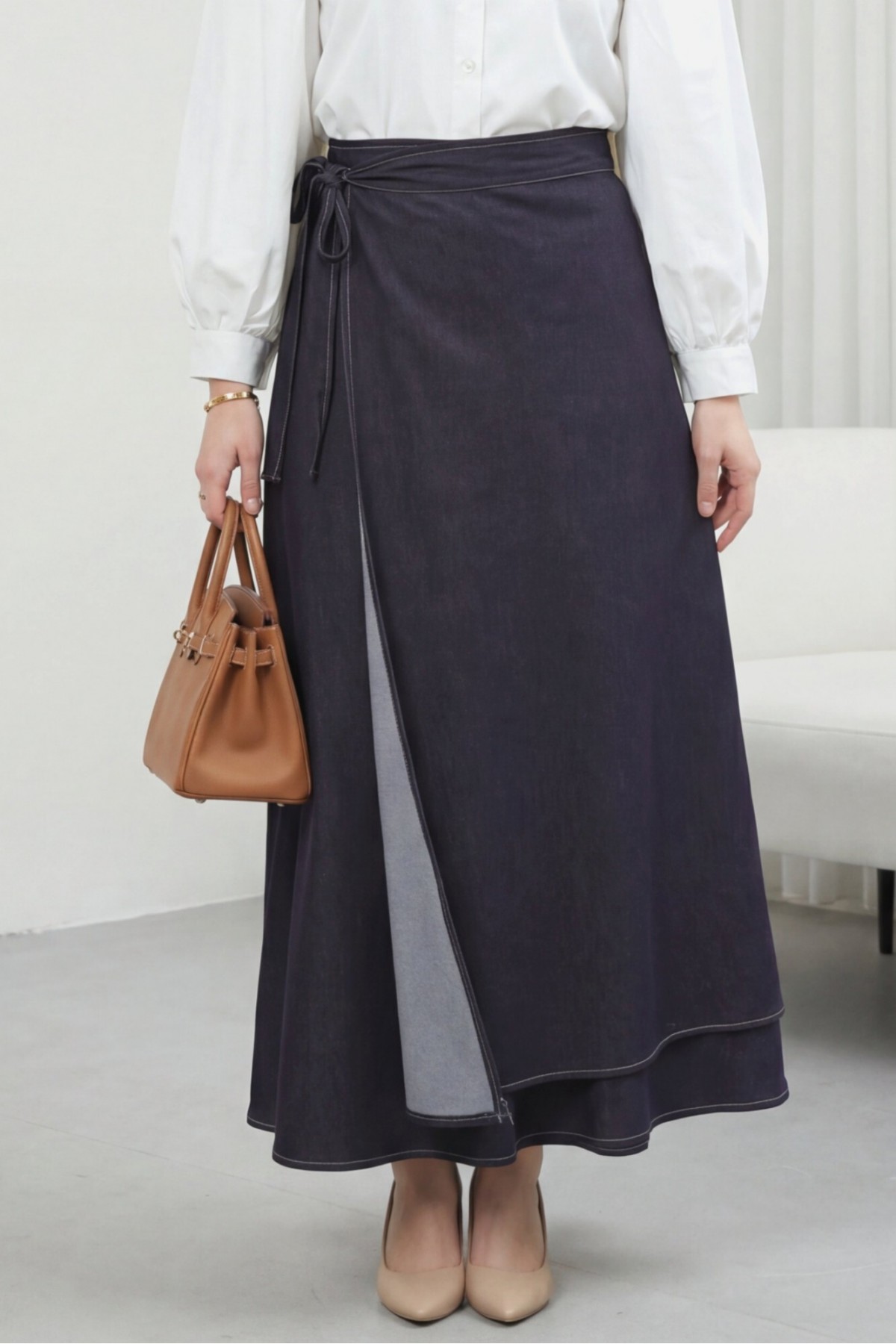 Önü Çift Kat Yan Bağcıklı Fermuarlı Kot Etek -Koyu Mor