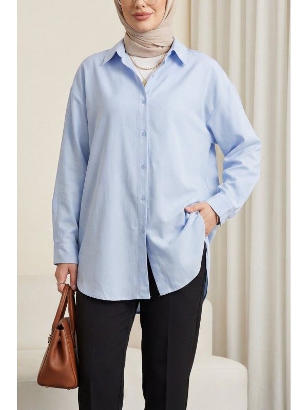 Düğmeli Salaş Viskon Gömlek -Bebe Mavi