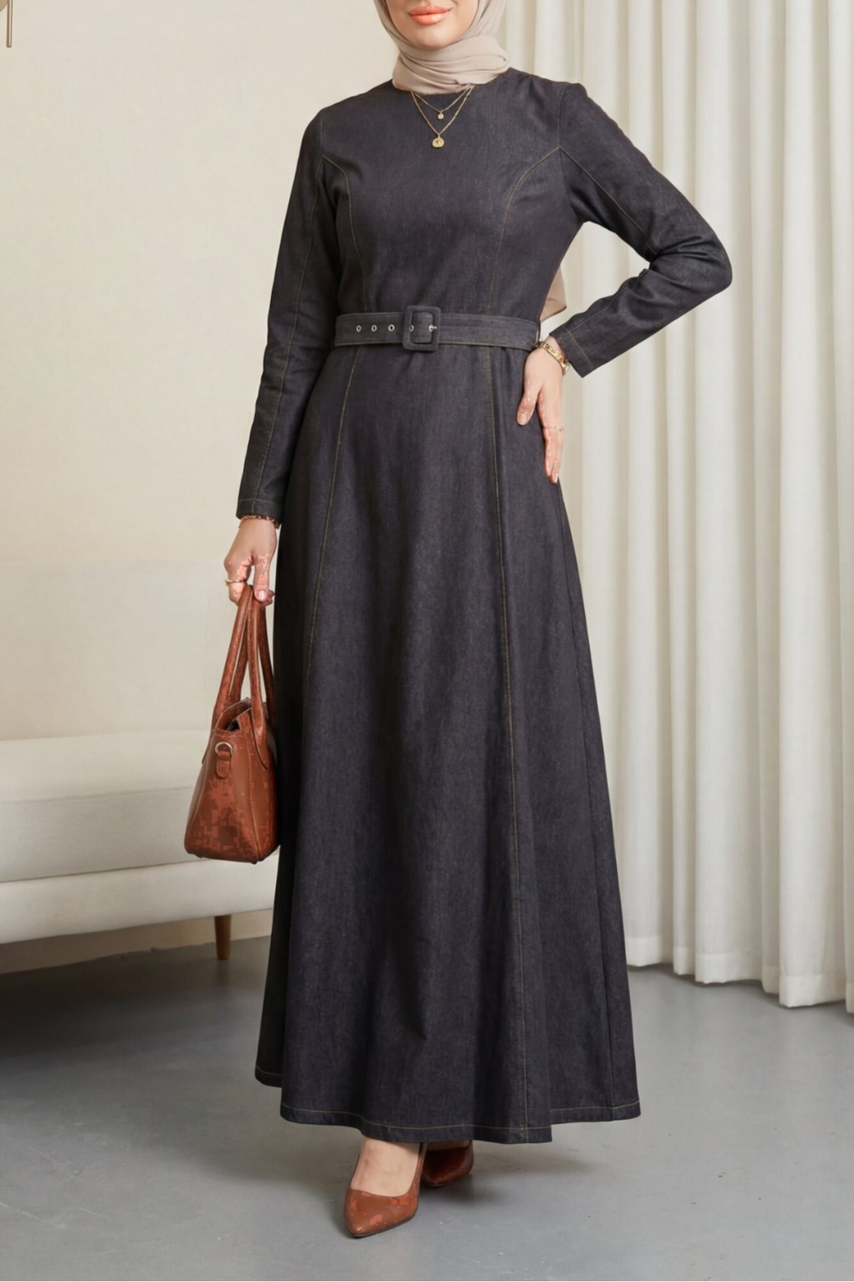 Kloş Etekli Fermuarlı Kemerli Kot Elbise -Antrasit