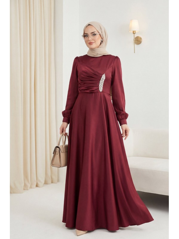 Önü Drapeli Taş Detaylı Saten Elbise -Bordo