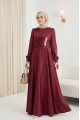 Önü Drapeli Taş Detaylı Saten Elbise -Bordo