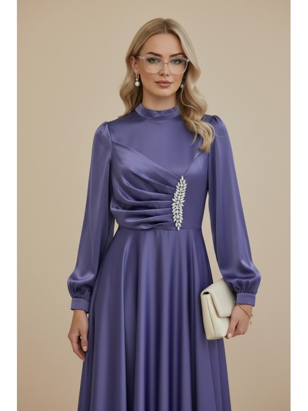 Önü Drapeli Taş Detaylı Saten Elbise -Lila
