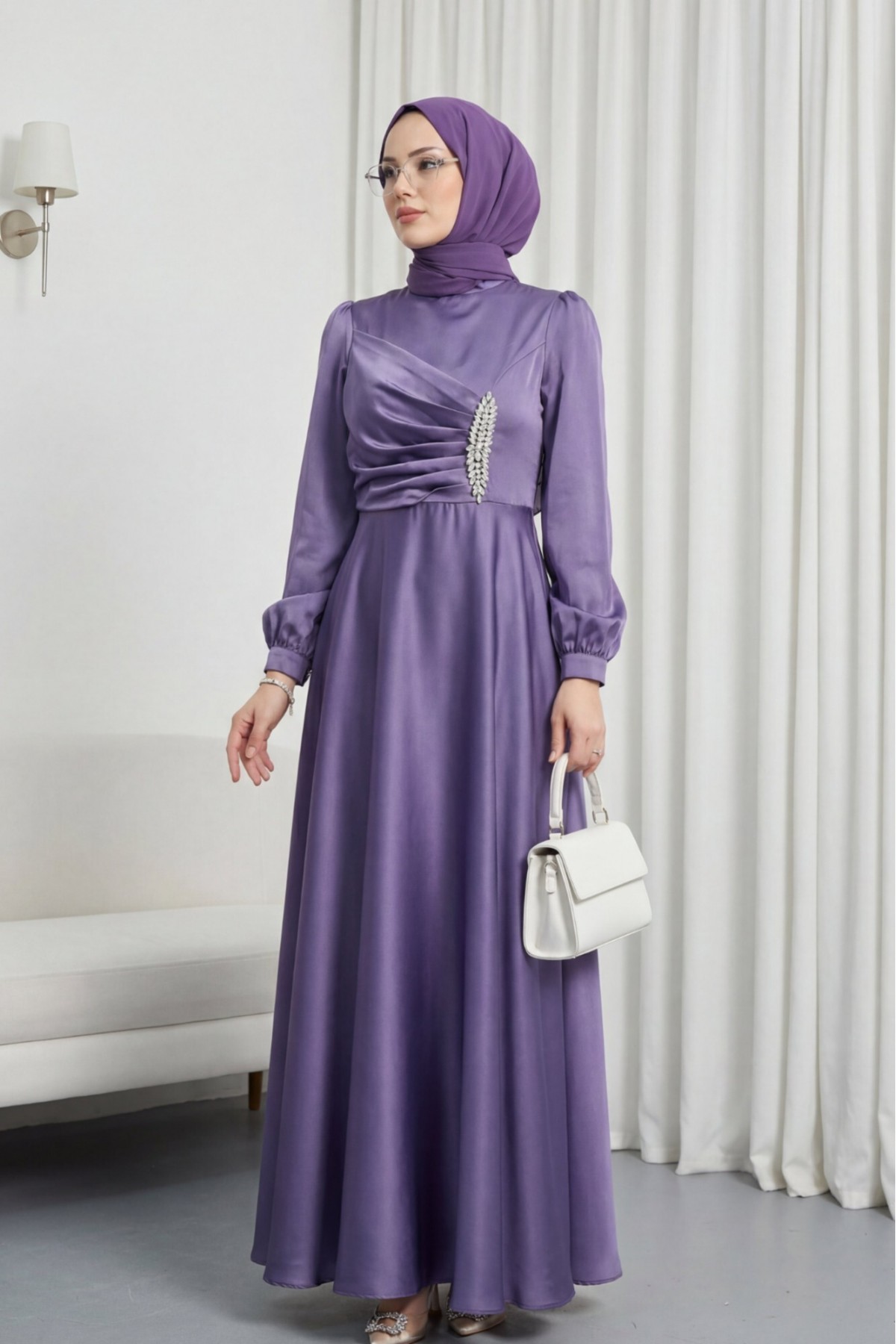 Önü Drapeli Taş Detaylı Saten Elbise -Lila
