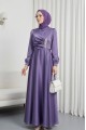 Önü Drapeli Taş Detaylı Saten Elbise -Lila