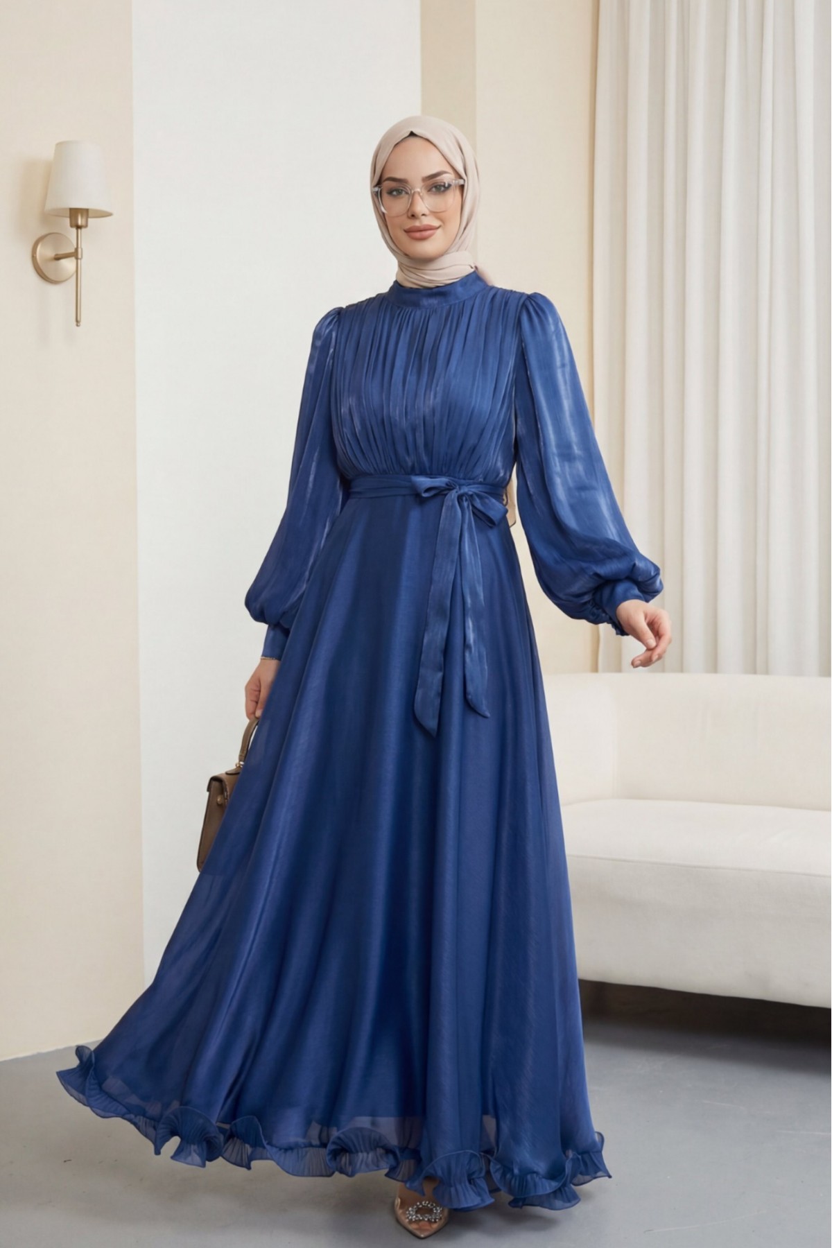 Eteği Volanlı Kemerli Janjan Şifon Elbise -Laci