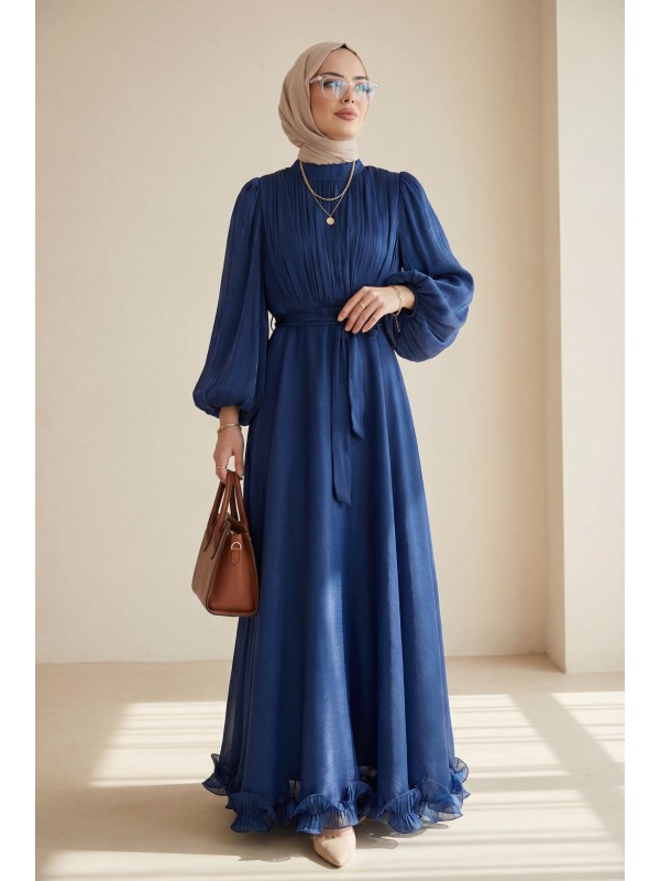 Eteği Volanlı Kemerli Janjan Şifon Elbise -Laci