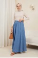 Yan Cepli Beli Lastikli Kot Etek -Açık Mavi